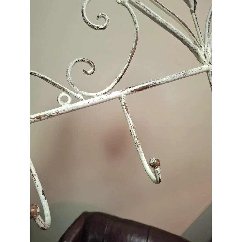 Vintage Shabby Chic White Metal Wall Shelf Hook Coat Rack Heart Distressed